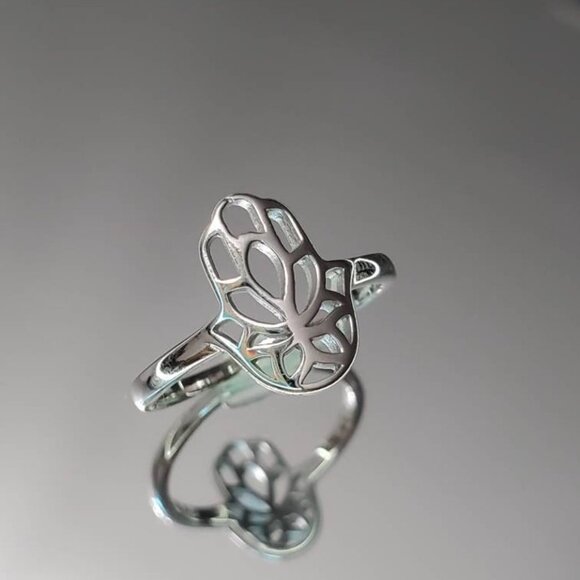 Women's 925 Thin Sterling Silver Hand Hamsa Dainty Protection Amulet Ring - Picture 5 of 10